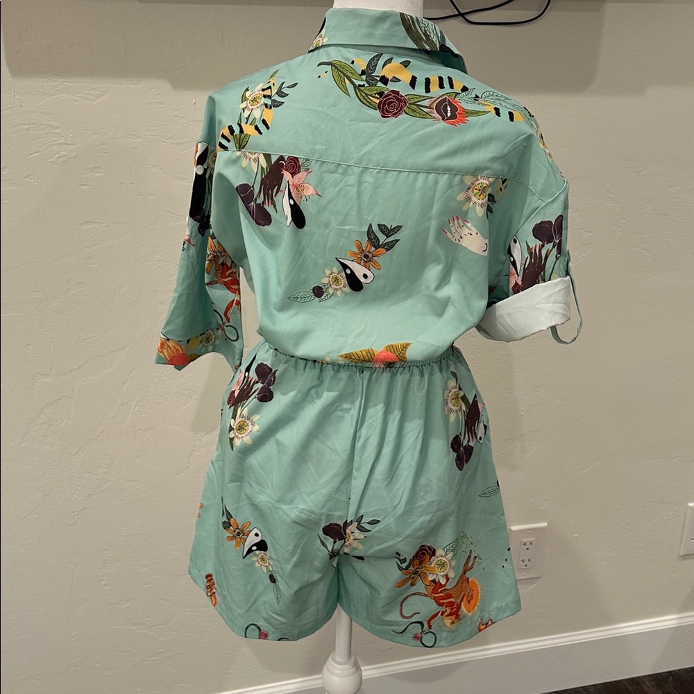 🔵 PJ Shorts Set Floral Print Teal - Picture 6 of 8
